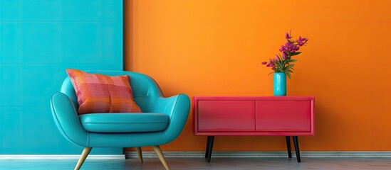 The living room in the house is beautifully decorated with furniture in shades of blue and orange, including a blue chair, a pink dresser, and a vase of flowers on the table