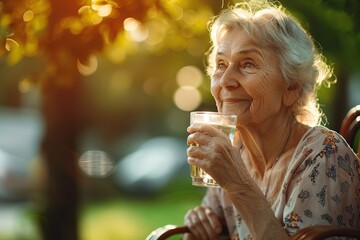 Elderly Woman Embracing Hydration and Nature Enjoying a Refreshing Glass of Water in a Lush Park During a Summer Heatwave.