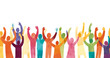 © AI - A group of multicolored peoples are cheering with their arms raised, world population day