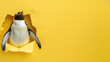 An amusing penguin gracefully sticks out of a burst in a sunshiny yellow surface, illustrating happiness and brightness