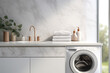 Freshly washed and neatly folded towels on a table in a bathroom or laundry room. Modern washing machine. The concept of cleanliness and hygiene in a modern interior