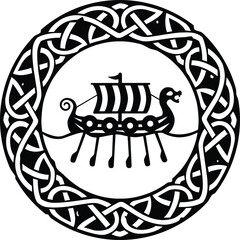 Wall Mural - Celtic Circle or Ring Knot Pattern with Viking Drakkar Ship