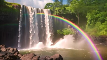 Poster - Rainbow over Skogafoss waterfall in South Iceland, Europe, Waterfall in Kauai With Rainbow and Bird Overhead, AI Generated