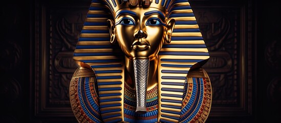 Poster - Macro photography of a pharaohs face statue on a dark background, highlighting the intricate details in the metal art. The darkness adds a mysterious and fictional character to the image