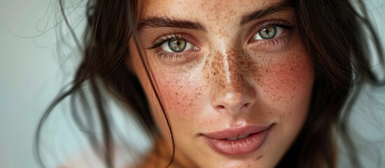 Poster - A closeup photography of a womans face with freckles, green eyes, and a happy smile. Her nose, eyelashes, jaw, and wrinkles show a beautiful gesture, sharing her joy with the world