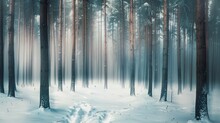 Pine Forest In The Winter. Motion Blur Effect. Fantasy Colored. Tonal Correction Made For Green Tones.