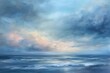 A realistic painting showcasing a cloudy sky hovering over a vast ocean, capturing the interplay of light and shadow, A tranquil fusion of soft pastels suggesting a serene sky at dawn, AI Generated