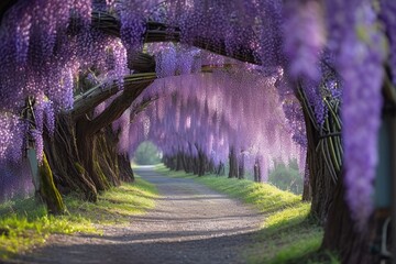 Canvas Print - A tree-lined road is adorned with beautiful purple flowers in this serene outdoor scene, A tree corridor draped in purple wisteria in a spring park, AI Generated