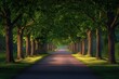 A winding road surrounded by tall trees and lush green grass runs parallel to a dense forest, A tree-lined walkway nestled under a dusky evening sky, AI Generated