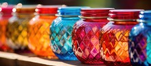 A Collection Of Vibrant Glass Mason Jars Used As Drinkware And Food Storage Containers, Placed Neatly On A Wooden Table. The Magenta Jars Hold Various Liquids And Ingredients