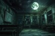 A dimly lit room with a sinister atmosphere, featuring a full moon casting an unsettling glow through the window, A vacant, antiquated classroom starlit under the moonlight, AI Generated