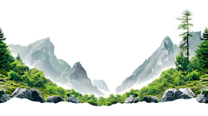 Wall Mural -  a banner model in the form of two standing mountains located on the right and left side complete with green forest, leaving a large empty space above it, white background