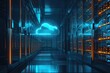 A photo of a lengthy hallway with a distinct cloud formation suspended in the middle, A visual interpretation of secure cloud storage, AI Generated