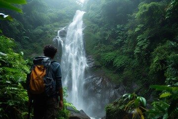 Poster - A man stands in front of a waterfall, wearing a backpack and taking in the majestic view, A backpacker pausing to appreciate a stunning waterfall located in dense forest, AI Generated