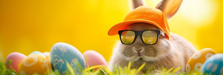 Wall Mural - funny Easter bunny with sunglasses and cap sits in the grass with colourful Easter eggs