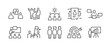 10 black outline icons show a group of people working together and interacting. The set of images suggests collaboration and cooperation between team members. On white background. Vector illustration 