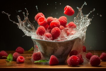 Wall Mural - Perfect capture of a ripe raspberry delicately falling into a bowl, seize the moment