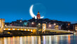 Galata Tower, Galata Bridge, Karakoy district and Golden Horn at 
 the morning with crescent moon - Istanbul - Turkey