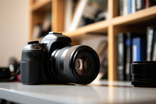 Professional Dslr Camera And Lens On Desk With Books