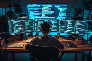 Poster - A man is seen sitting at a desk, engaged in work, with multiple computer screens displaying various information, A computer programmer surrounded by multiple screens displaying codes, AI Generated