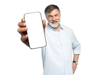 Handsome Excited Mature Man Showing Pointing At Empty Smartphone Screen Posing Over transparent  Background, Smiling To Camera. Check This Out, Cellphone Display Mock Up