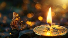 A moth drawn to the glowing allure of a bitcoin-flamed candle, symbolizing the irresistible pull of cryptocurrency investments