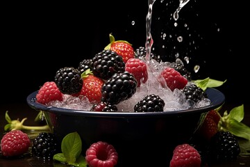 Wall Mural - Freshly picked ripe wild berries gently falling into a glass bowl filled with crystal clear water