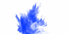 Blue Holi Paint Color Powder. Abstract Blue Dust Explosion On White Background. Blue Holi Paint Color Powder Festival Explosion Burst Isolated White Background. Blue Vibrant Rainbow Holi Paint Color.	