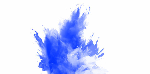 Blue holi paint color powder. Abstract blue dust explosion on white background. Blue holi paint color powder festival explosion burst isolated white background. Blue vibrant rainbow Holi paint color.	