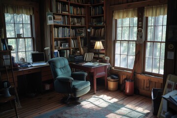 Poster - An image of a room featuring a chair, desk, and bookshelf, creating a functional and practical workspace, A culmination of work and solitude in a home atmosphere, AI Generated