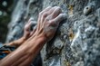 A man in climbing gear ascending a steep rocky face of a mountain, A detailed close-up of a climber's hands straining against the rough texture of the rock, AI Generated