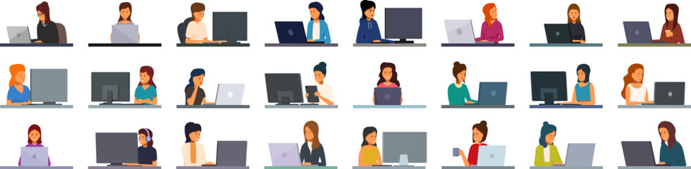 Software programmer girl icons set cartoon vector. It profession. Office tester