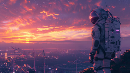 Wall Mural - a man in a spacesuit stands on a hill overlooking a city with wind turbines in t