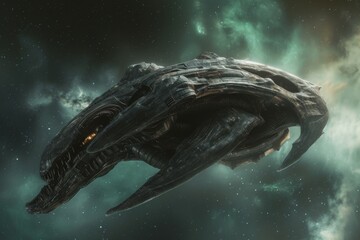 Poster - A space ship soars through the sky, capturing the awe and wonder of its flight, A gigantic alien creature floating through the vacuum of space, AI Generated