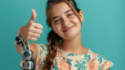 Canvas Print - A girl with a prosthetic arm on a turquoise background looks at the camera, smiles and shows a thumbs up