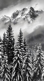 Fototapeta  - Professional monochrome photography of coniferous forest in snow and snowy mountain peak in clouds. Graphic black and white poster of wild winter landscape. Photo shot for interior painting.