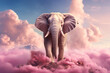 an elephant standing on a mountain with pink clouds