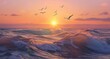 The sun sets over the ocean, casting warm hues across its surface as seagulls gracefully fly above in search of food Generative AI