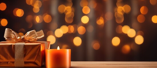 Canvas Print - An amber candle sitting next to a gift box on the table, casting a warm orange glow. The wax melts under the heat, creating beautiful tints and shades in the room