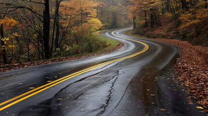 Poster - Autumn Drive, Curvy Wet Road through Colorful Fall Forest