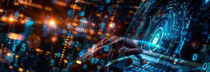 Wall Mural - Digital background featuring icons and network connections with blurred hands typing, evoking a sense of cyber security