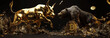 3D illustration of a golden bull and bear fighting around a bitcoin logo on a black background