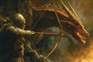 A man boldly stands in front of a dragon, armed with a bow and arrow, ready to face the legendary creature, A hunter in medieval armor aiming his bow at a dragon, AI Generated