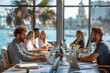 A vibrant business meeting: a diverse team collaborates on a project in a modern conference room overlooking a harbor
