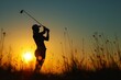 A person energetically swings a golf club against a backdrop of a stunning sunset, A lady golfer preparing for a swing against sunrise, AI Generated