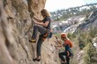 © Iftikhar alam - Two individuals diligently climb up the steep side of a rugged mountain, A male and female climber working together to traverse a challenging boulder, AI Generated