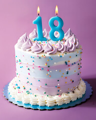 A festive delicious birthday cake with number 18 candle - Eighteen Years