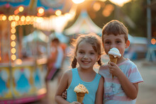 Brother And Sister Enjoy Ice Cream At Amusement Park, National Sibling Day