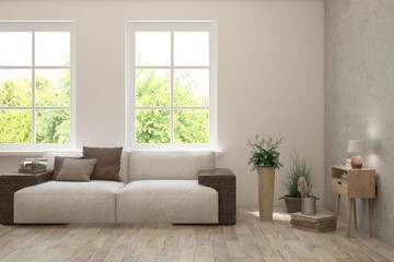 Wall Mural - White living room with sofa. Scandinavian interior design. 3D illustration