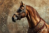 Fototapeta Przestrzenne - A Painting of a Horse Wearing a Bridle, A noble Arabian horse with beautiful Islamic motifs in the background, AI Generated